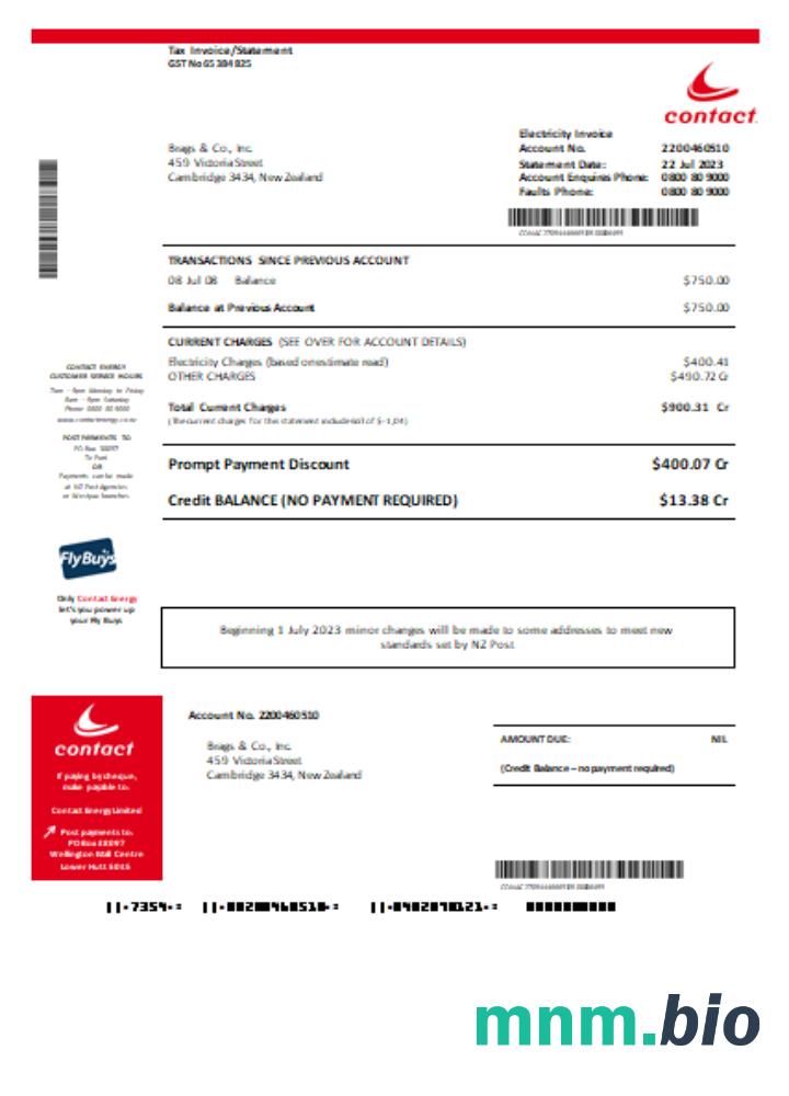 Kontakt Energy proof of energy business bill